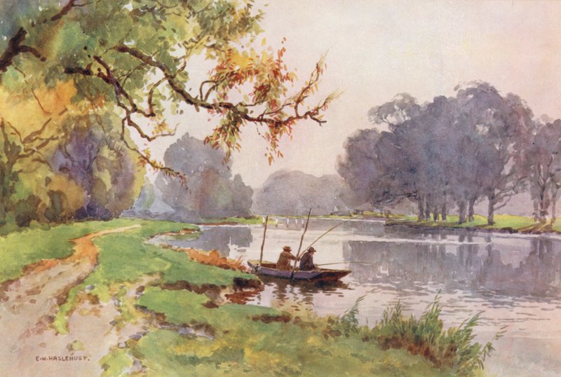 Rivier de Theems: Boven de sluis, Weybridge door Ernest William Haslehust