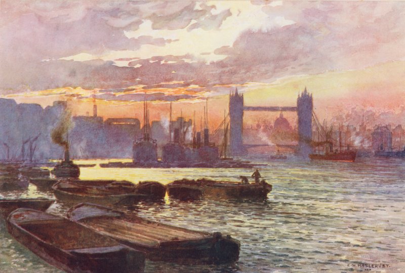 Rivier de Theems: De Tower Bridge (kleur litho) door Ernest William Haslehust