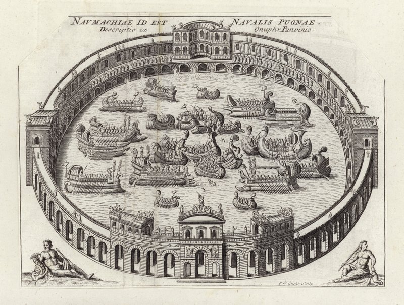 Zeeslag in een Romeins amfitheater (ets) door Etienne (after) Duperac