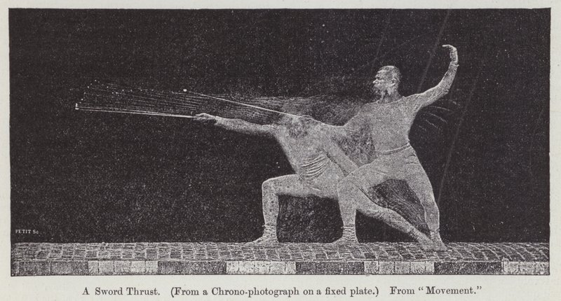 Chronofotografie die de beweging bij een zwaardstoot toont door Etienne Jules Marey