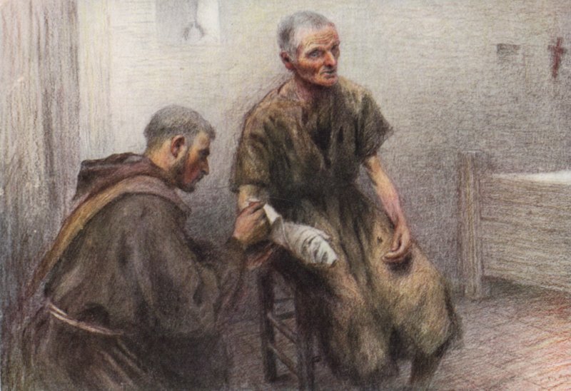 Broeder Bentivoglia verzorgt een melaatse door Eugene (after) Burnand