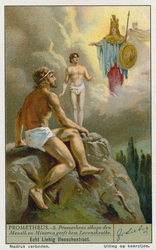 Prometheus creëert de mens uit klei en Athena (Minerva) geeft hem leven door European School