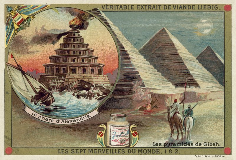 De vuurtoren van Alexandrië en de piramides van Gizeh, Egypte door European School