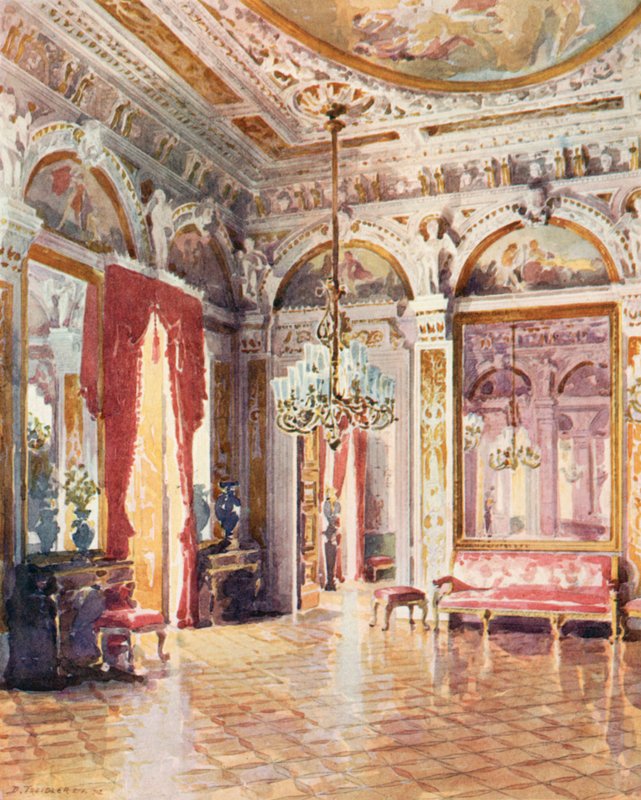 Een hoek van de erezaal, paleis Cattete (kleurenlitho) door European School