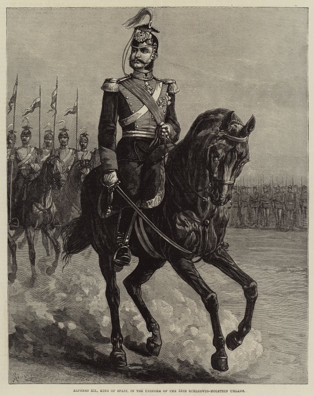 Alfonso XII, koning van Spanje, in het uniform van de 15e Schleswig-Holstein Uhlans (gravure) door European School