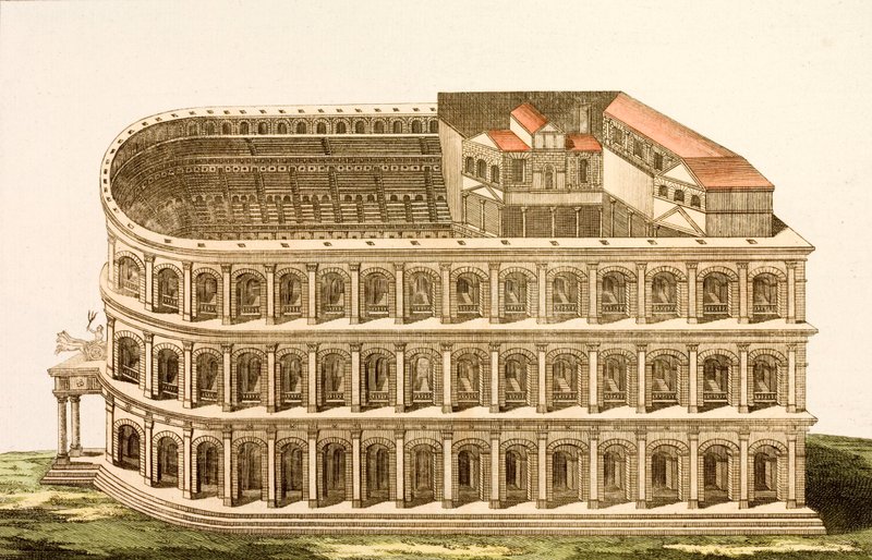 Oud Romeins theater van Marcellus, gebouwd in de late 1e eeuw v.Chr. door European School