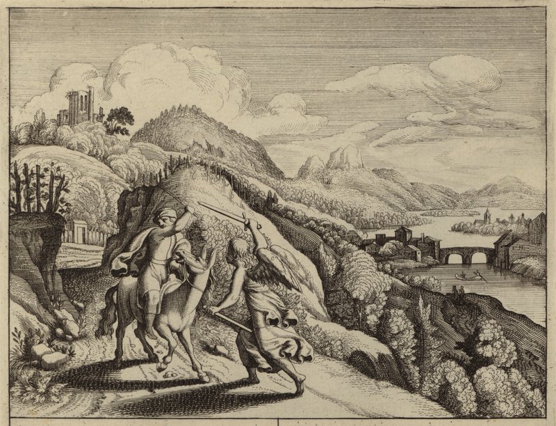 Bileam berispt door zijn ezel op weg naar Balak, koning van Moab (gravure) door European School
