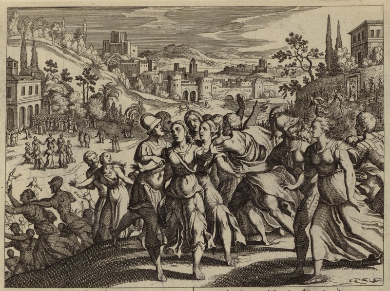 Benjaminieten ontvoeren de vrouwen van Silo om hun vrouwen te worden (gravure) door European School