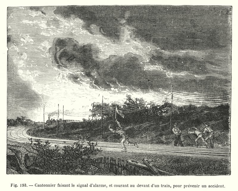 Wegwerker die het alarmsignaal geeft en naar een trein rent om een ongeluk te voorkomen door European School