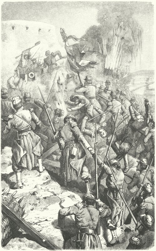 Verovering van de Malakoff Redoute tijdens het Beleg van Sebastopol, 8 september 1855 (gravure) door European School