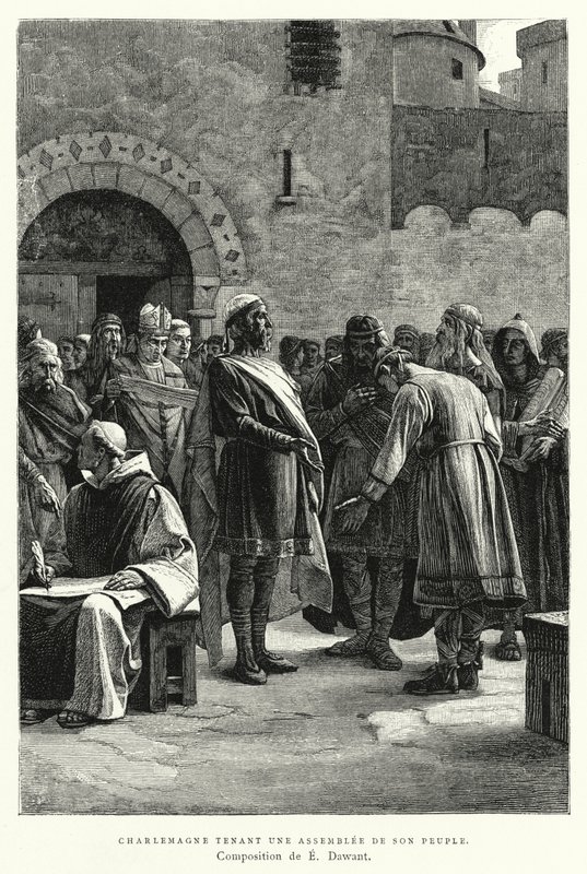 Karel de Grote Houdt een Vergadering van Zijn Volk (gravure) door European School