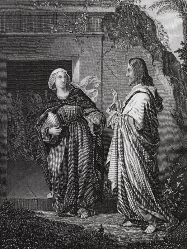 Christus verschijnt aan Maria, Johannes, Hoofdstuk 20, vers 14 (gravure) door European School