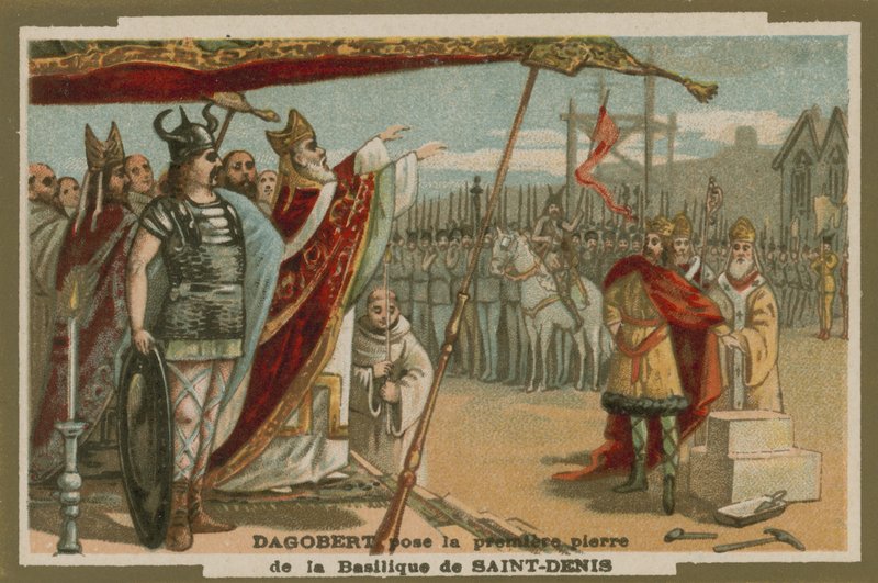 Dagobert I legt de eerste steen van de Basiliek van St. Denis, Frankrijk, 7e eeuw door European School