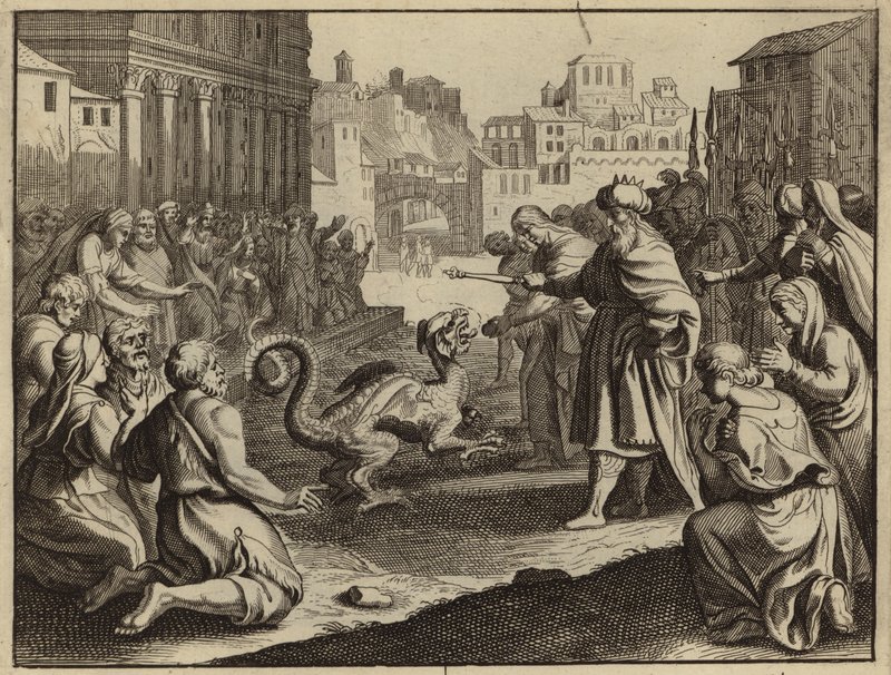 Daniel vernietigt het afgodsbeeld van Bel en de draak (gravure) door European School
