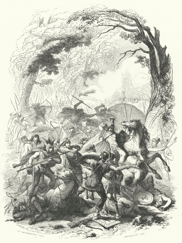 Nederlaag van het Romeinse leger onder Sabinus en Cotta door de Galliërs, 54 v.Chr. (gravure) door European School