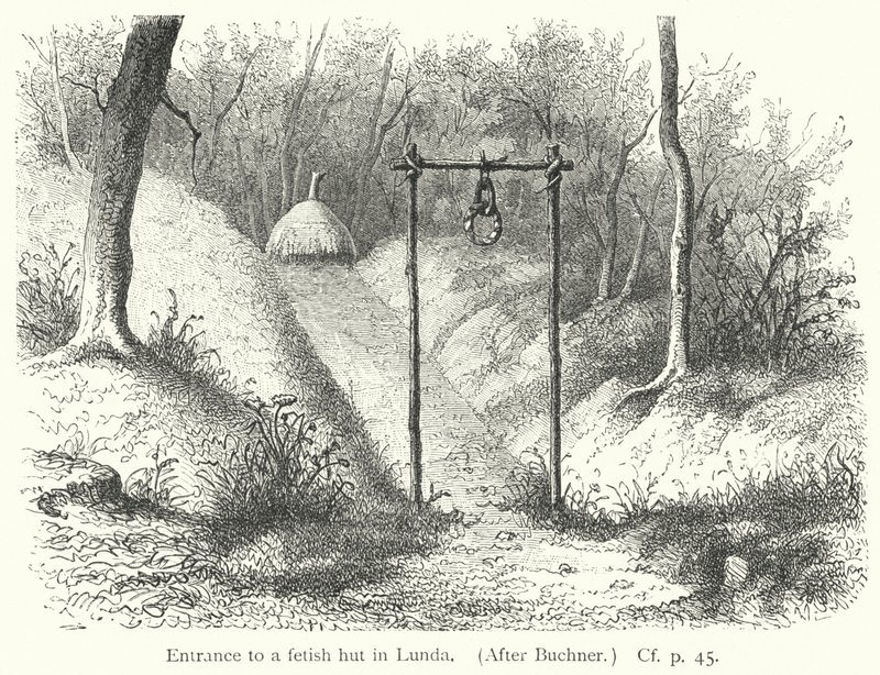 Ingang van een fetisjhut in Lunda (gravure) door European School