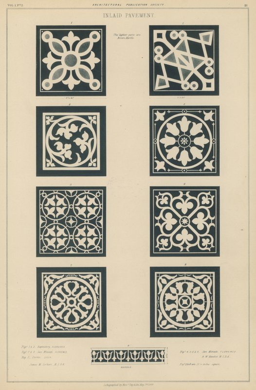 Voorbeelden van ingelegd plaveisel uit het Baptisterium en de kerk van San Miniato al Monte, Florence, en de kathedraal van Lucca, Italië door European School