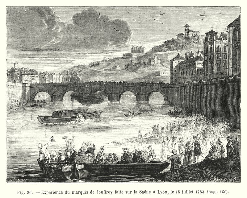 Experiment van markies de Jouffroy op de Saone in Lyon, 15 juli 1783 door European School