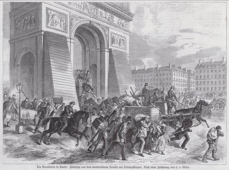 Vluchtelingen van het bombardement van het Franse leger op Neuilly passeren de Arc de Triomphe, Parijse Commune, april 1871 door European School