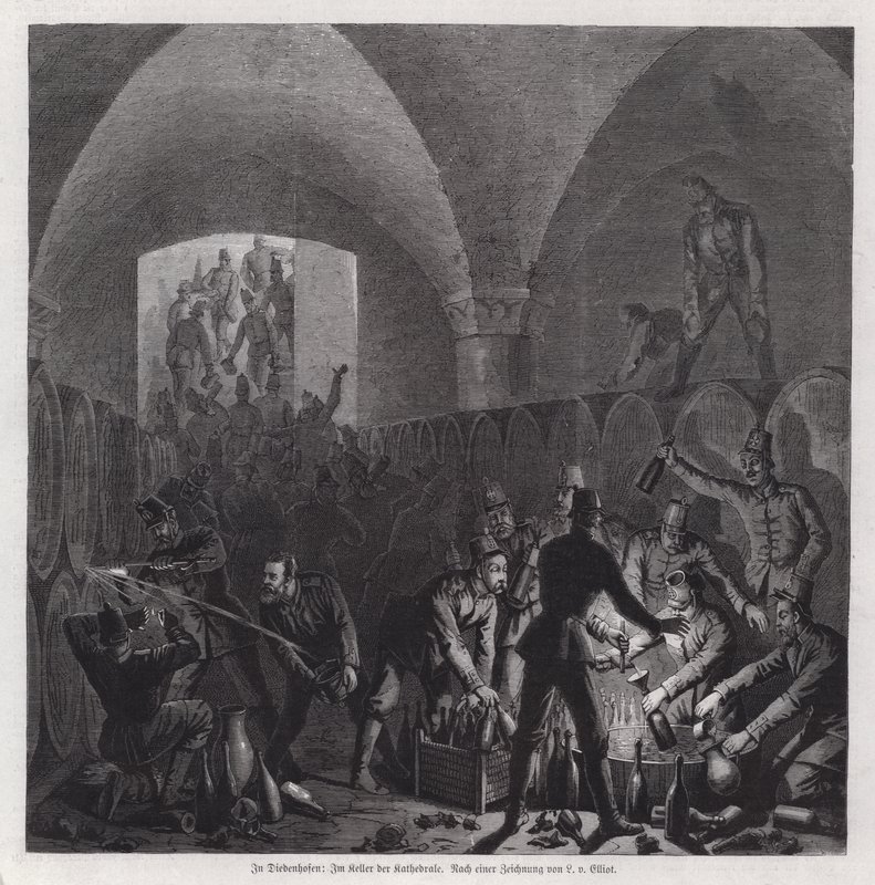 Duitse soldaten bedienen zich van de inhoud van de wijnkelder van de Thionville-kathedraal, Frankrijk, Frans-Duitse Oorlog door European School