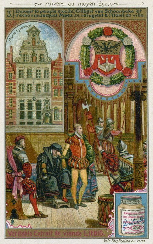 Gilbert van Schoonbeke en pensionaris Jacob Maes zoeken toevlucht in het stadhuis, 16e eeuw door European School