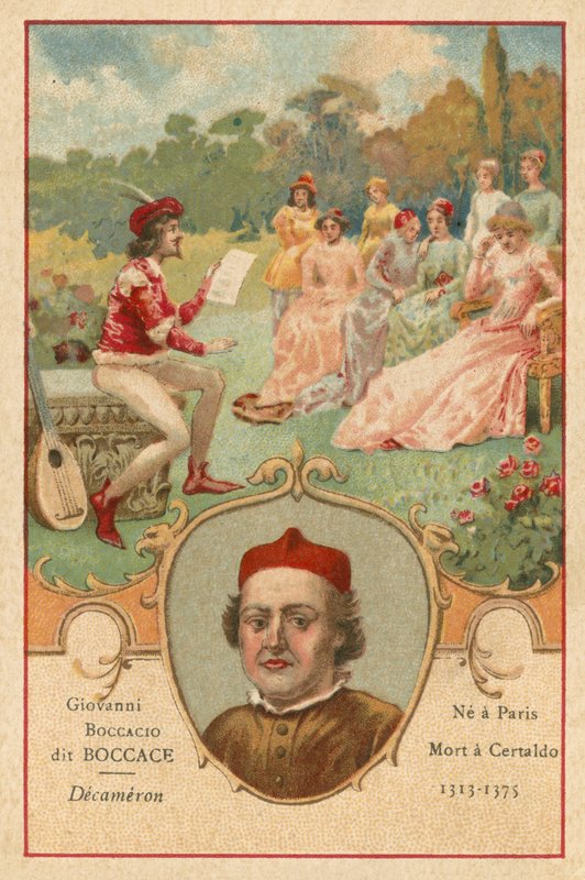 Giovanni Boccaccio, Italiaanse schrijver en dichter, en een scène uit De Decamerone door European School