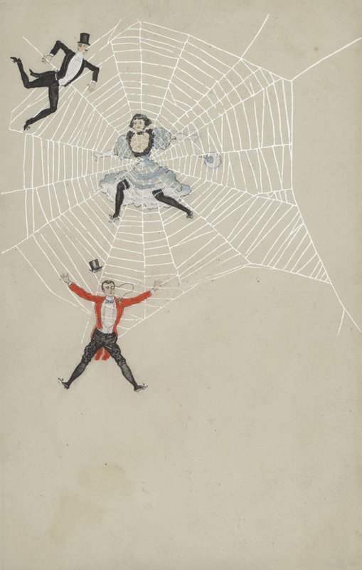 Meisje vangt mannen in een spinnenweb (kleurenlitho) door European School