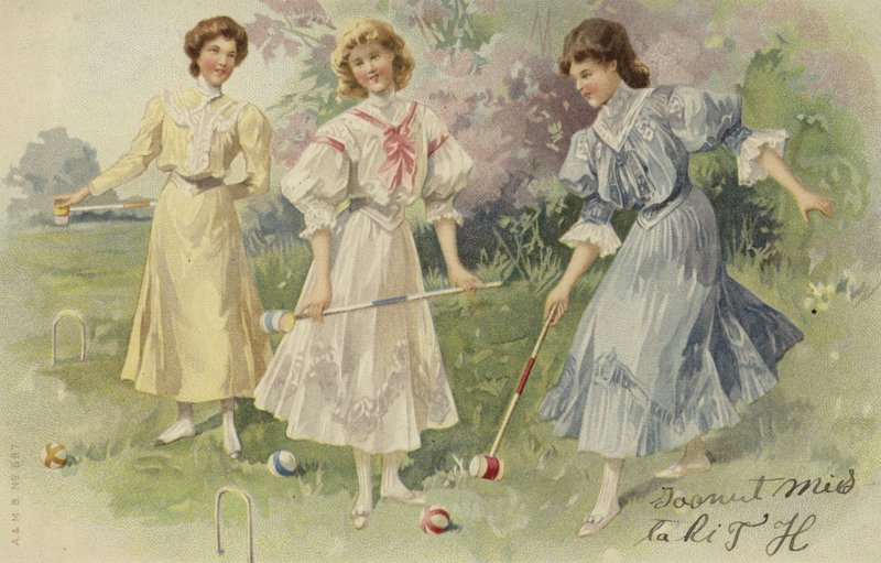 Meisjes die croquet spelen (chromolitho) door European School