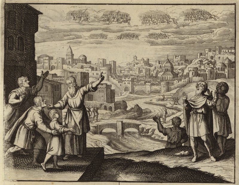 Goudgeklede cavalerie in de lucht boven Jeruzalem (gravure) door European School