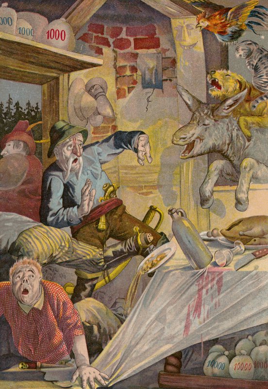 Verhalen van Grimm: De muzikanten van Bremen (chromolitho) door European School