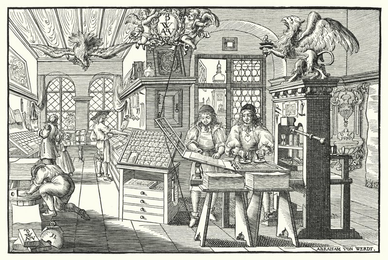 Interieur van een boekdrukkerij, ca. 1676 (gravure) door European School
