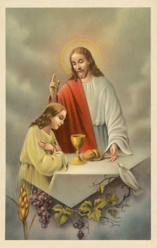 Jezus Christus zegent een meisje dat de heilige communie doet (kleurenlitho) door European School