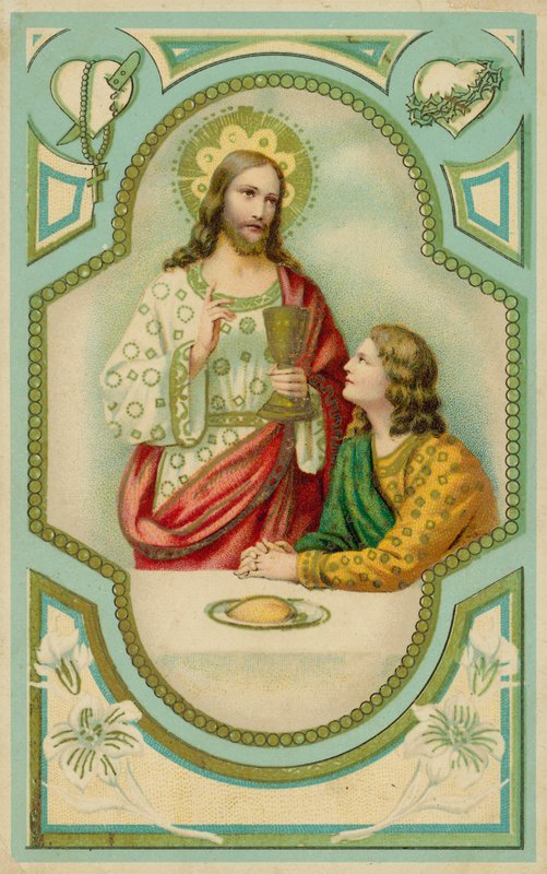 Jezus Christus zegent een man die de Heilige Communie neemt (chromolitho) door European School