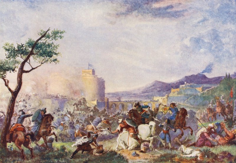 John Sobieski bij het Reliëf van Wenen (kleurenlitho) door European School