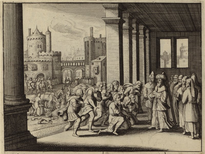 Jozef, als grootvizier van Egypte, beschuldigt zijn halfbroers van spionage (gravure) door European School