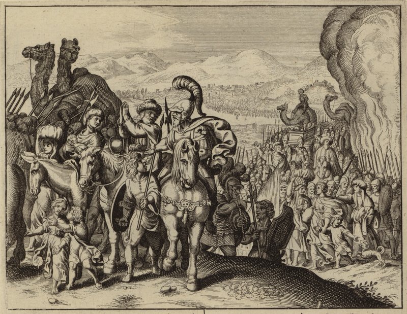 Jozua en de Israëlieten steken de rivier de Jordaan over en betreden Kanaän (gravure) door European School
