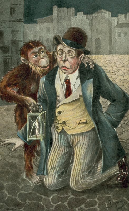 Knielende man en chimpansee (kleurenlitho) door European School