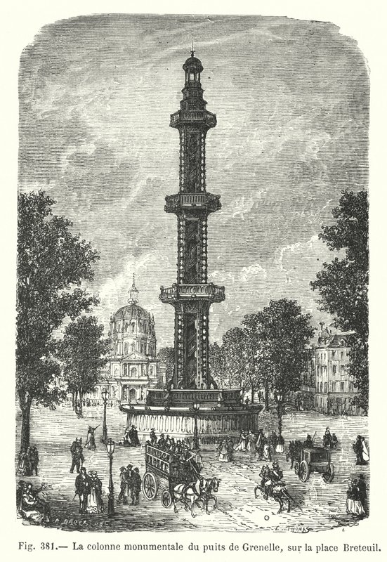 De monumentale kolom van de put van Grenelle, op het Breteuilplein (gravure) door European School