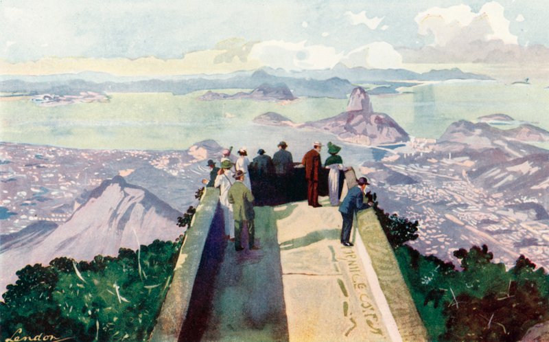 Neerkijkend vanaf de oostelijke rand van de Corcovado-piek, 2.300 voet (kleurenlitho) door European School