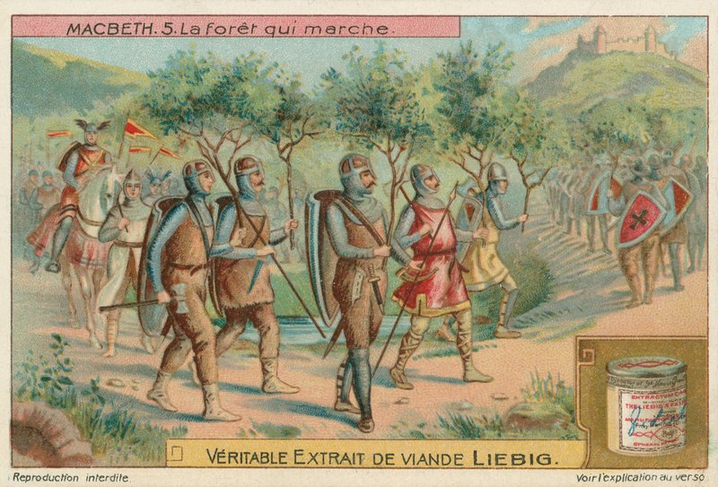 Macbeth. Het bos dat marcheerde, Liebig-kaart, begin 20e eeuw (chromo) door European School
