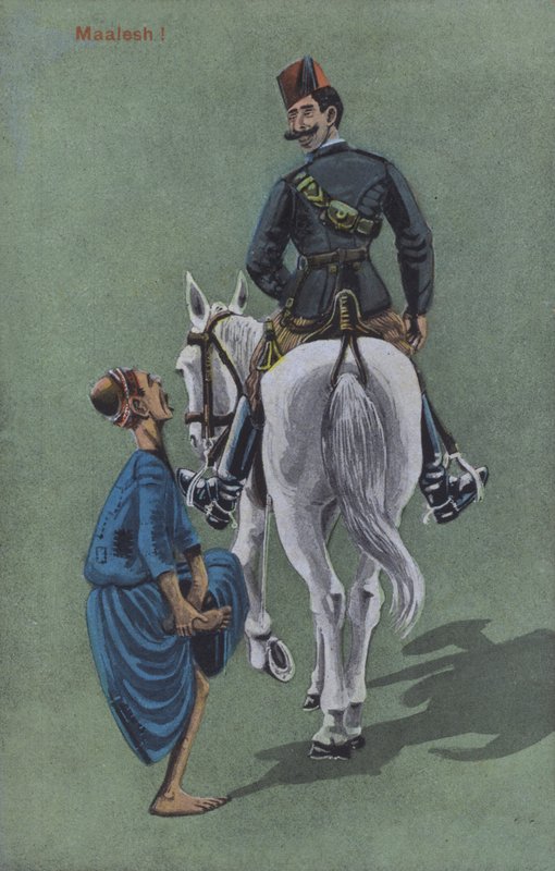 Man met pijn nadat een paard en ruiter op zijn voet trapten (kleur litho) door European School