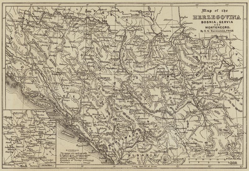 Kaart van Herzegovina, Bosnië, Servië en Montenegro (gravure) door European School