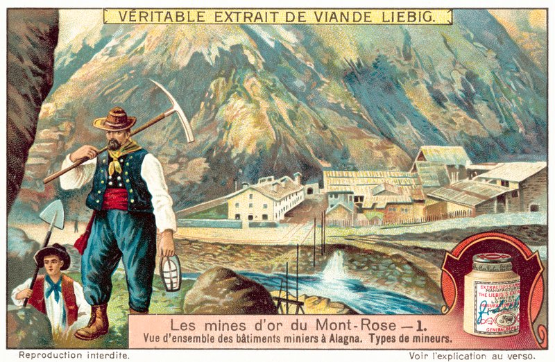Mijnwerkers en mijngebouwen bij de Monte Rosa goudmijnen, Italië door European School