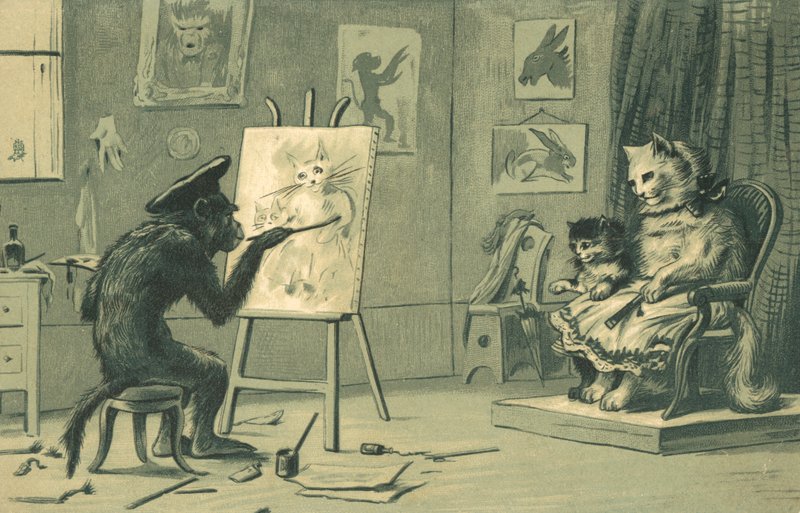 Aap schildert een portret van een kat en een kitten door European School