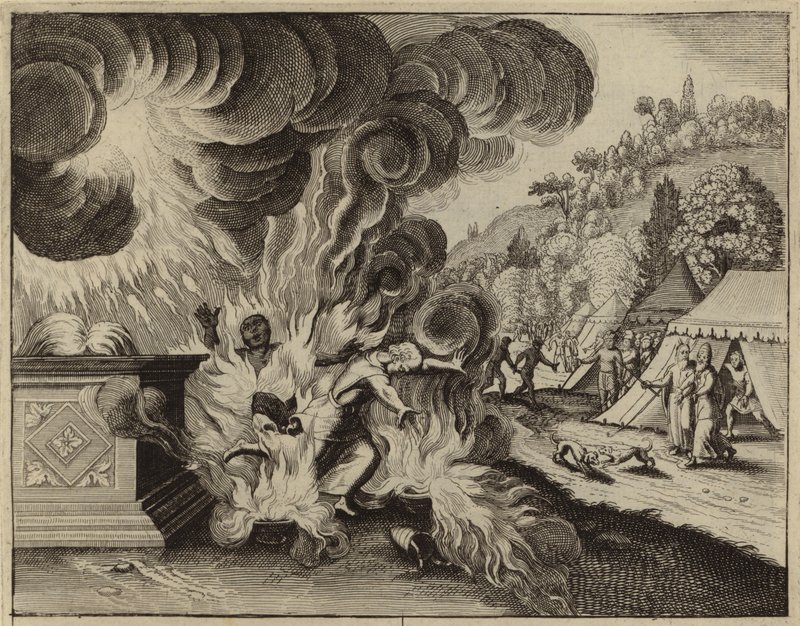 Nadab en Abihu verbrand door vuur voor het overtreden van Gods wet (gravure) door European School