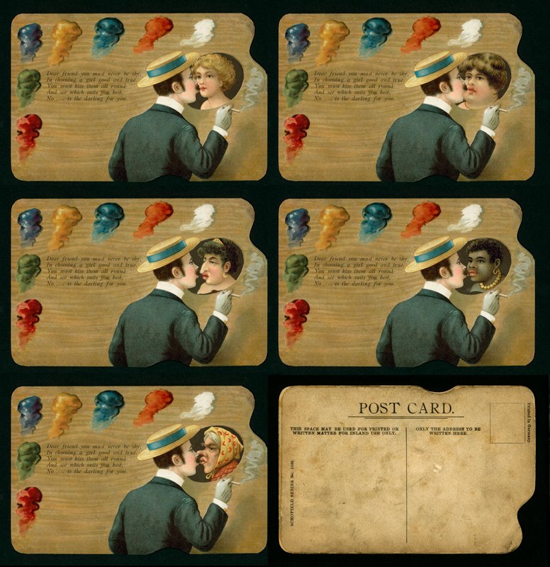 Nieuwigheidspostkaart met man die vijf verschillende meisjes kust (kleurenlitho) door European School