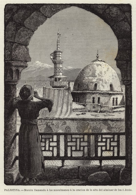 Palestina, Muezzin roept moslims op tot gebed vanaf de minaret van Isa of Jezus door European School