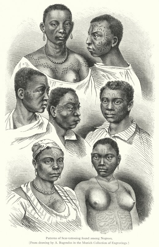 Patronen van litteken-tatoeages gevonden bij negers (gravure) door European School