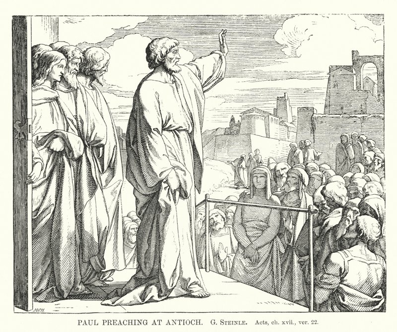 Paulus Predikend in Antiochië, Handelingen, hoofdstuk xvii, vers 22 (gravure) door European School