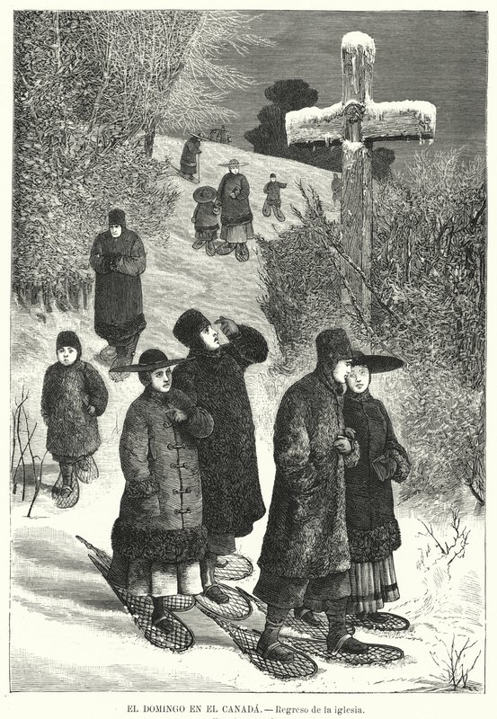 Mensen met sneeuwschoenen die terugkeren van de kerk op zondag, Canada door European School